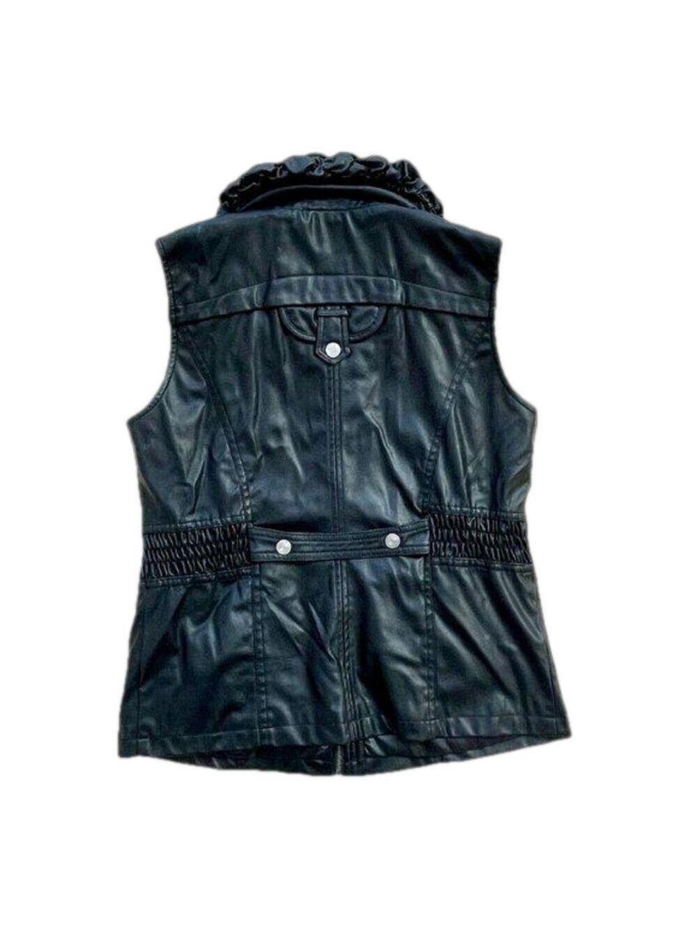 Black Vegan Leather Ethyl Vest, Ruffled Collar, Size M - Picture 4 of 14